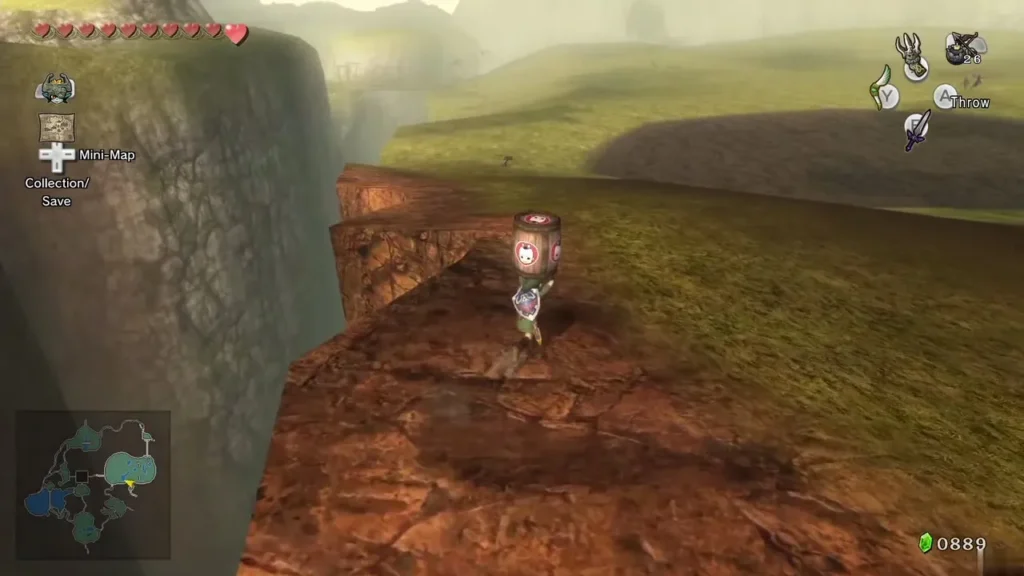 Link carries a barrel of Hot Springwater along the cliff road in Hyrule Field Link carries a barrel of Hot Springwater along the cliff road in Hyrule Field