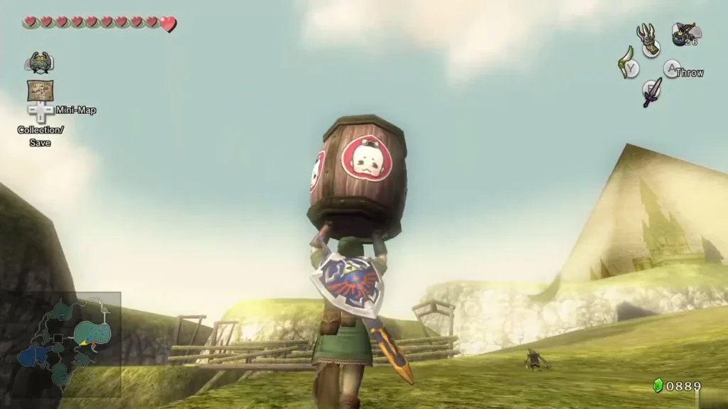 Link carries the Hot Springwater barrel overhead across a grassy field Link carries the Hot Springwater barrel overhead across a grassy field