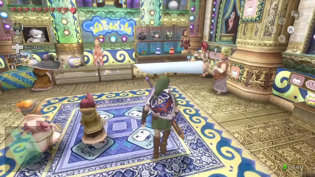 Link in the Malo Mart Castle Branch interior with its blue carpet and shopkeeper Link in the Malo Mart Castle Branch interior with its blue carpet and shopkeeper