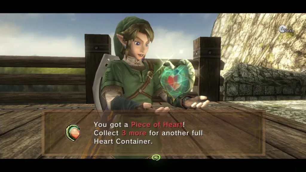 Link holding up a Piece of Heart on the Hyrule Field bridge with its item message box Link holding up a Piece of Heart on the Hyrule Field bridge with its item message box