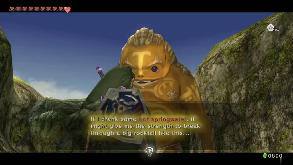 A Goron beside the rockfall in Hyrule Field saying hot springwater might give him the strength to break through A Goron beside the rockfall in Hyrule Field saying hot springwater might give him the strength to break through