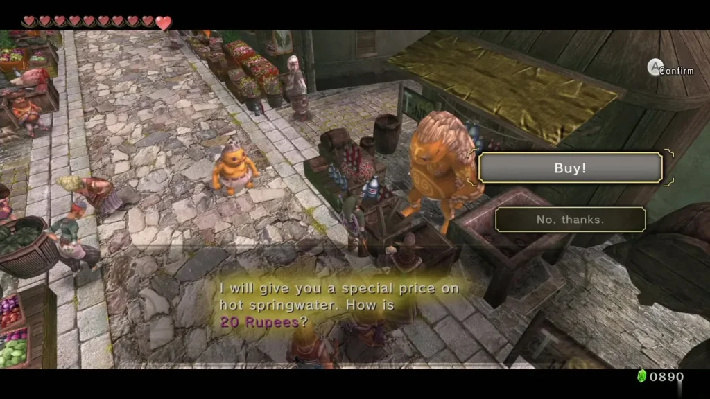 The Goron stall in Castle Town offering hot springwater for 20 Rupees with Buy and No thanks choices The Goron stall in Castle Town offering hot springwater for 20 Rupees with Buy and No thanks choices