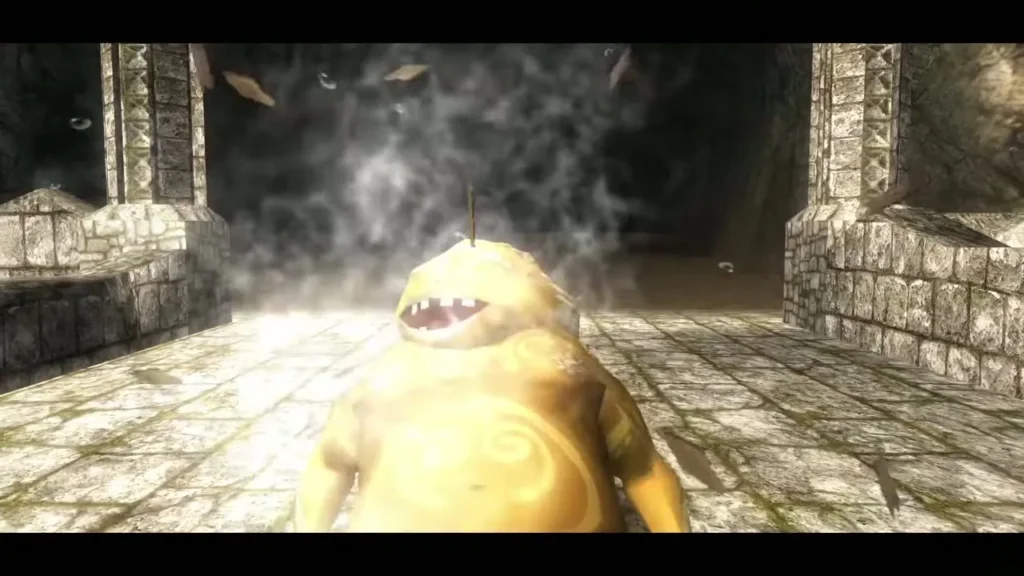 Steam rises as the worn-out Goron wakes up after the barrel hits him Steam rises as the worn-out Goron wakes up after the barrel hits him