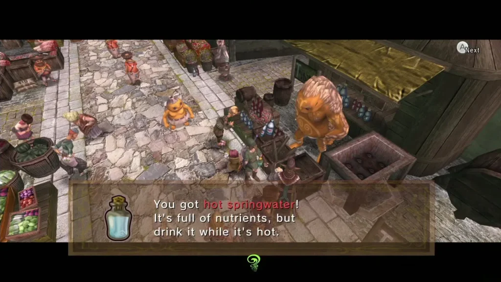 Link holding a bottle of hot springwater with its item message box Link holding a bottle of hot springwater with its item message box