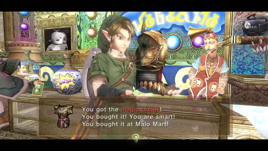 Link holding the Magic Armor after buying it at Malo Mart Link holding the Magic Armor after buying it at Malo Mart