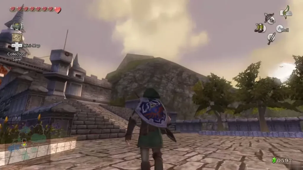 Link on the field path beneath the Castle Town walls and the trees along the road Link on the field path beneath the Castle Town walls and the trees along the road