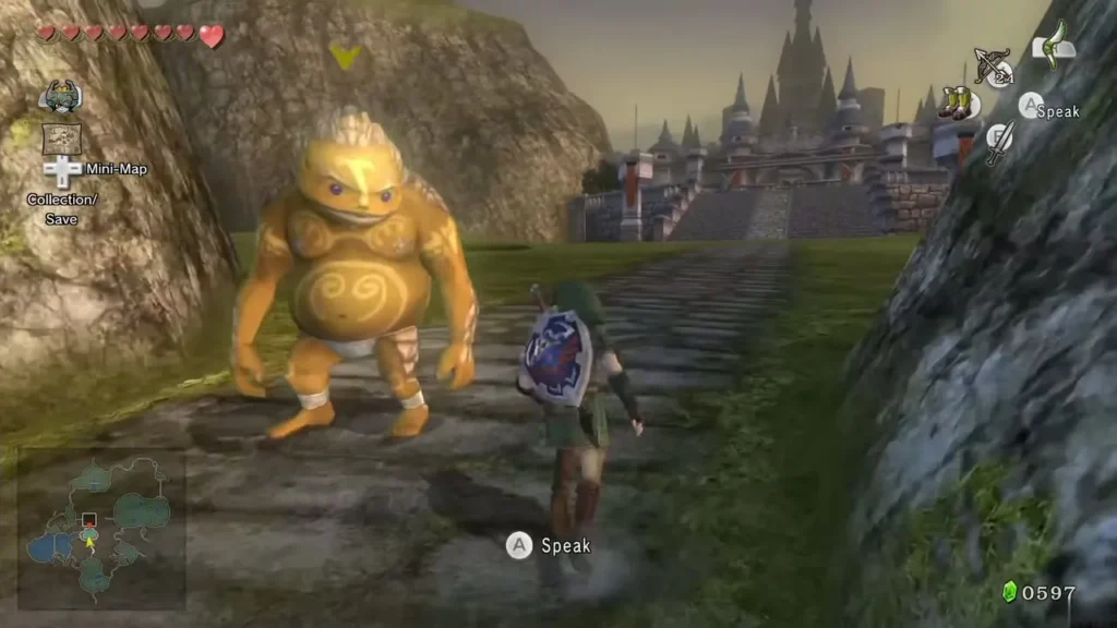 Link on the stone road across Hyrule Field toward Hyrule Castle with a Goron beside him Link on the stone road across Hyrule Field toward Hyrule Castle with a Goron beside him