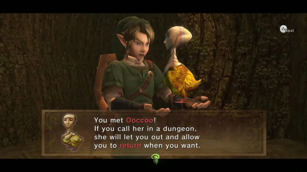 Link holding Ooccoo with the message box that introduces her Link holding Ooccoo with the message box that introduces her