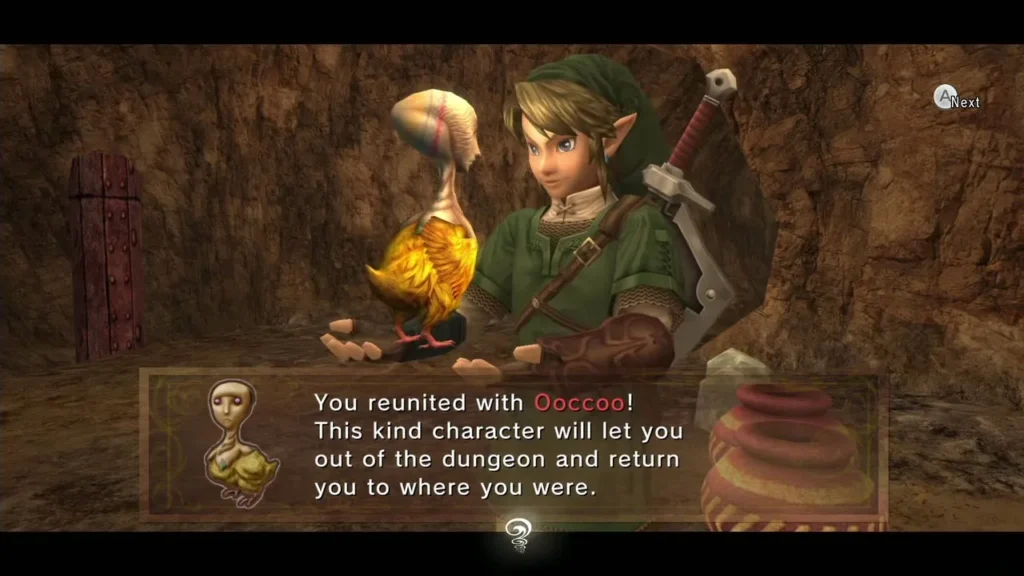 Link beside Ooccoo after she is released from the pot in the Goron Mines Link beside Ooccoo after she is released from the pot in the Goron Mines