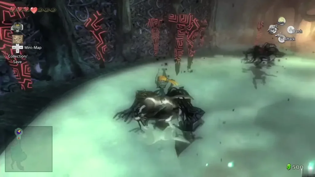 Wolf Link with Midna fighting Shadow Beasts under red glyph pillars Wolf Link with Midna fighting Shadow Beasts under red glyph pillars