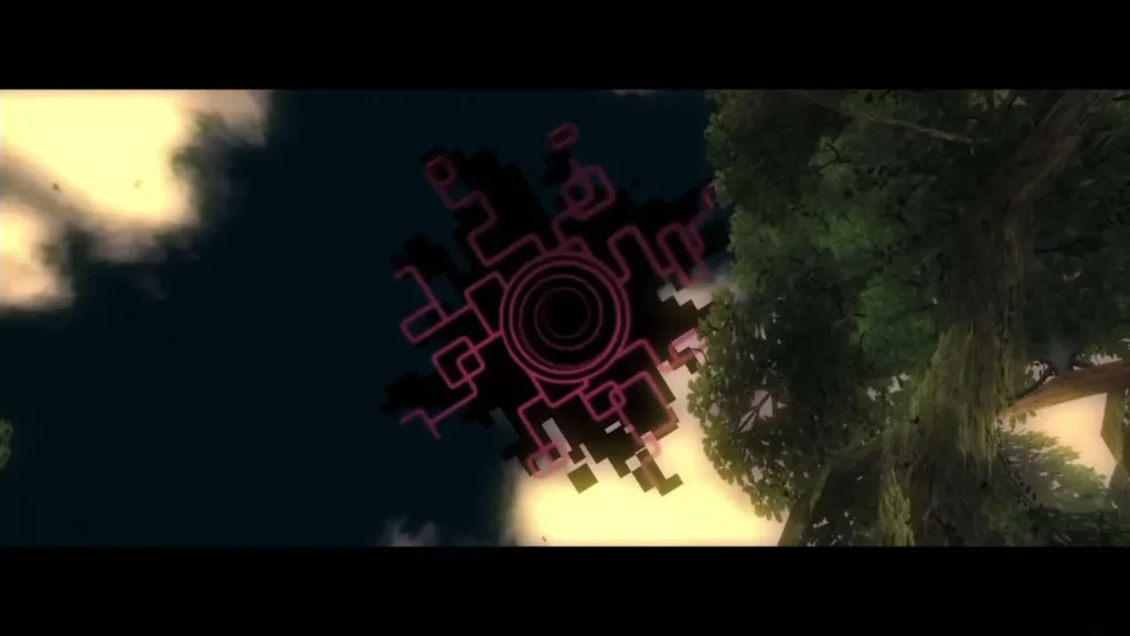 A red Twilight glyph opening in the sky over a Faron Woods clearing A red Twilight glyph opening in the sky over a Faron Woods clearing