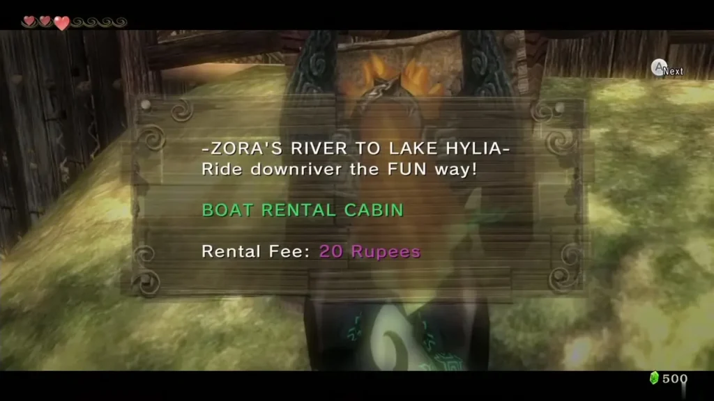 Sign reading Boat Rental Cabin for the river ride to Lake Hylia, 20 Rupees Sign reading Boat Rental Cabin for the river ride to Lake Hylia, 20 Rupees