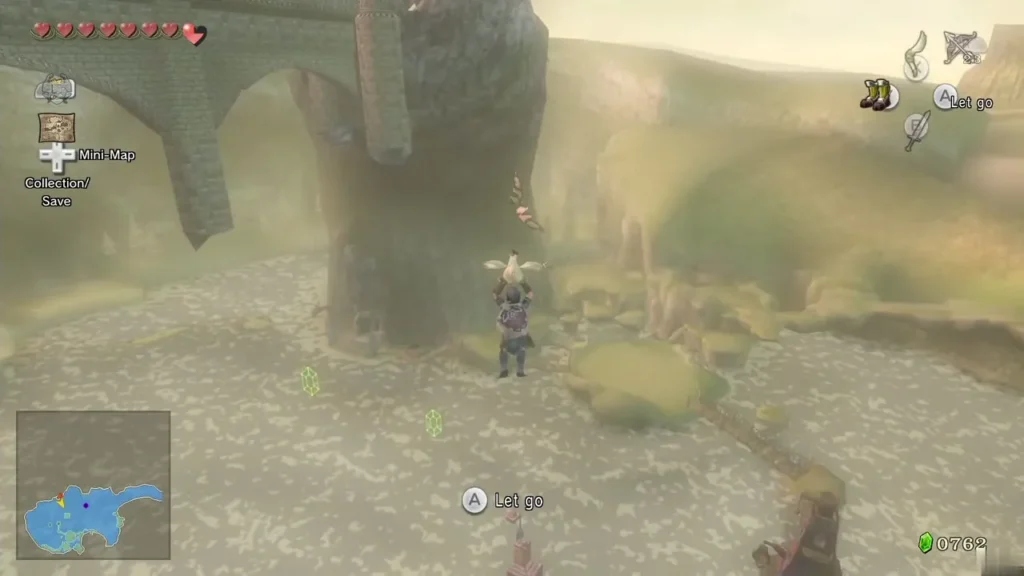 Link gliding down on the Cucco toward the spinning platform in the lake Link gliding down on the Cucco toward the spinning platform in the lake