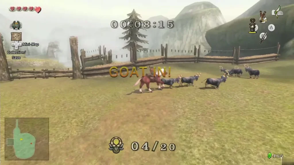 Link on Epona herding goats into the pen with the timer and goat count on screen Link on Epona herding goats into the pen with the timer and goat count on screen
