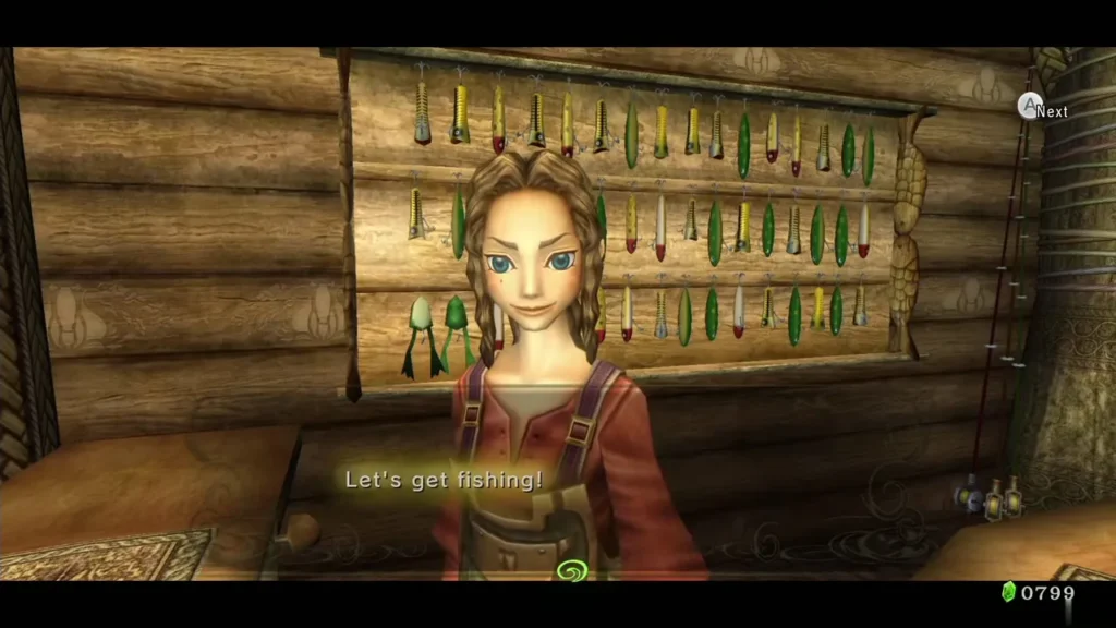 Hena saying "Let's get fishing!" in her shop beside the lure display Hena saying "Let's get fishing!" in her shop beside the lure display