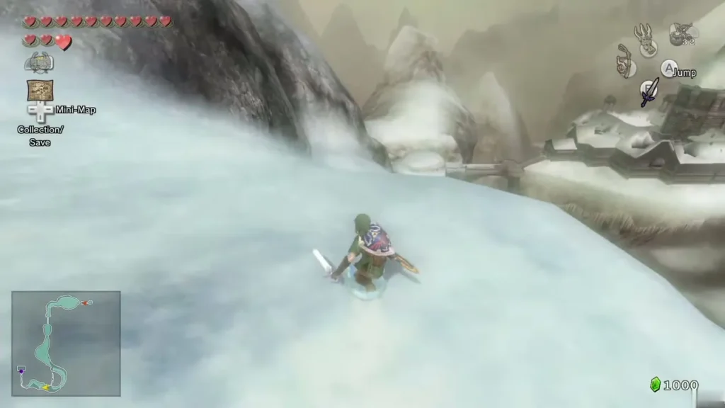 Link on the frozen leaf with the Jump prompt as the Snowpeak Ruins roof comes into view Link on the frozen leaf with the Jump prompt as the Snowpeak Ruins roof comes into view