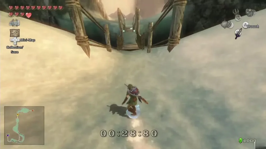 Link boarding down the race course over a wooden bridge with the stopwatch running Link boarding down the race course over a wooden bridge with the stopwatch running