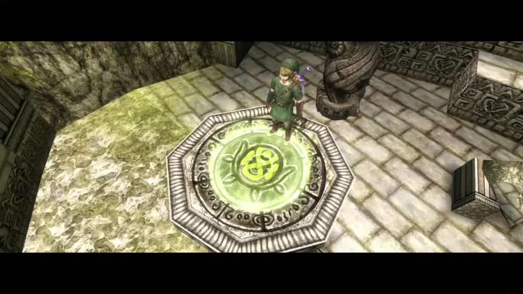 Link standing on a glowing circle in the ruined amphitheater of Castle Town