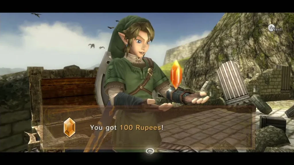 Link holding up an orange Rupee with the message reading 100 Rupees