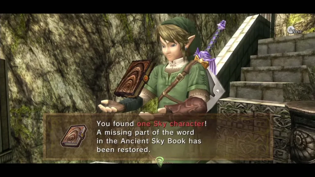 Link holding the Sky Book with the message for a Sky character in the amphitheater