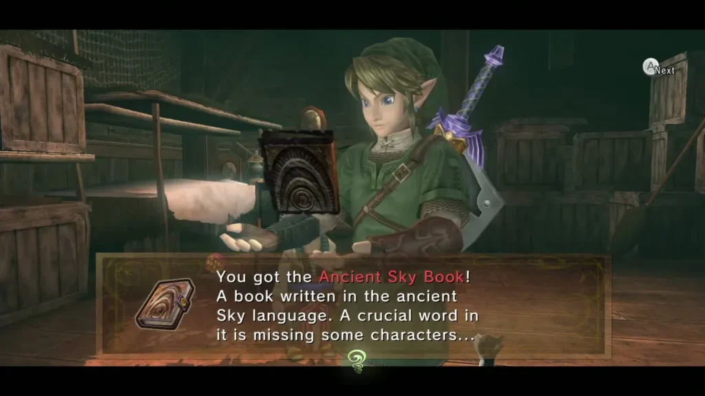 Link holding up the Ancient Sky Book with the item message box on screen