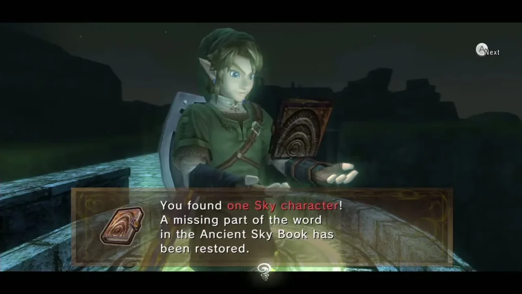 Link on the Bridge of Eldin holding the Sky Book after finding the first Sky character