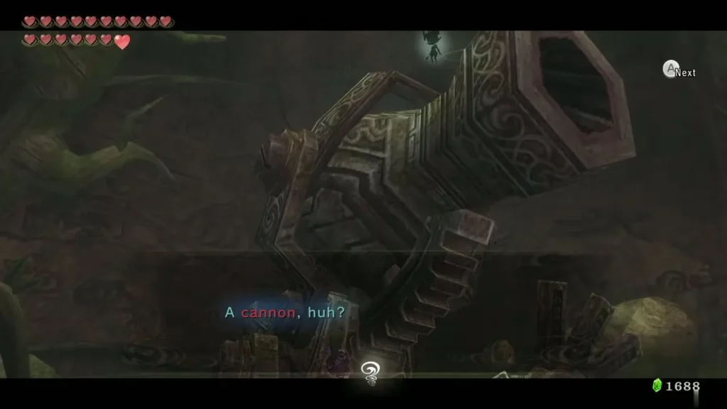 Link facing the broken Sky Cannon in the swamp, saying "A cannon, huh?"