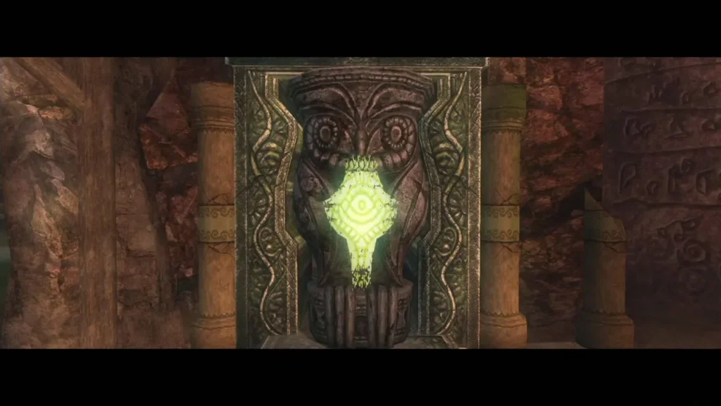 Glowing green symbol on an Owl Statue in the Sanctuary cellar