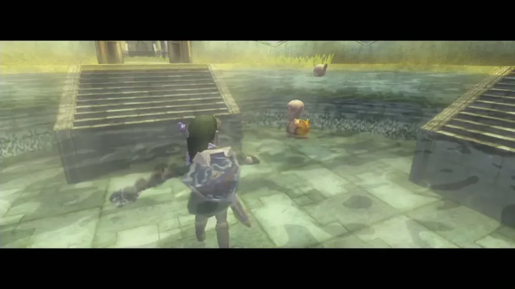 Link at the City in the Sky entrance pool with Ooccoo in the water