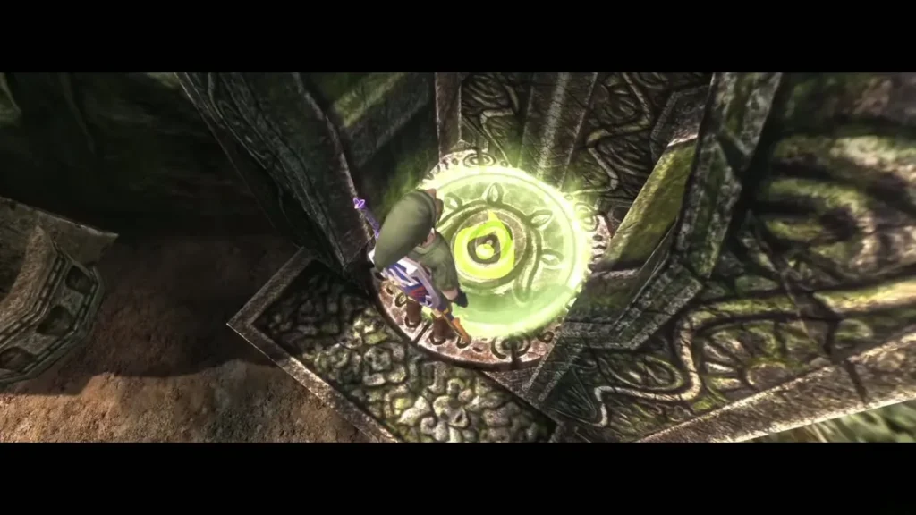 Link standing on a glowing circle in Faron Woods, with an Owl Statue pulled aside