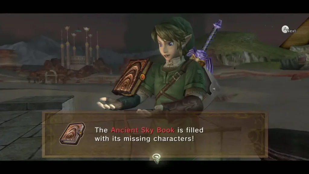 Link holding the Ancient Sky Book, now filled with its missing characters