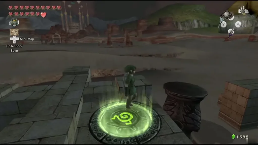 Link standing on a glowing circle among the Gerudo Desert pillars