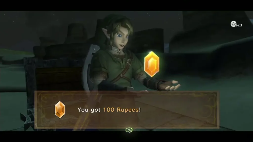 Link holding up an orange Rupee with the message reading 100 Rupees