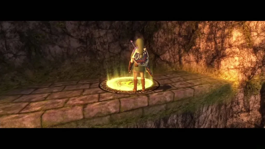 Link on a glowing circle on a stone ledge beside the Great Bridge of Hylia