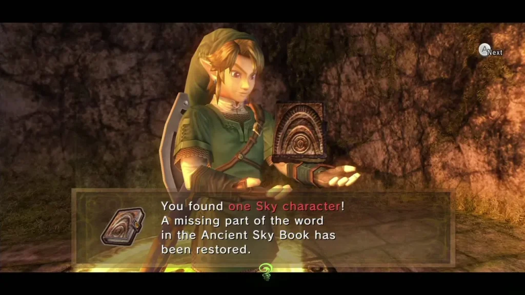 Link holding the Sky Book after finding a Sky character on the Great Bridge ledge