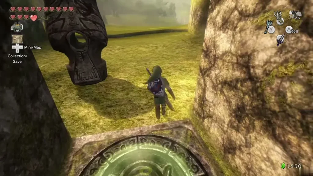 Link walking toward the glowing circle in Kakariko Gorge with a statue beside it