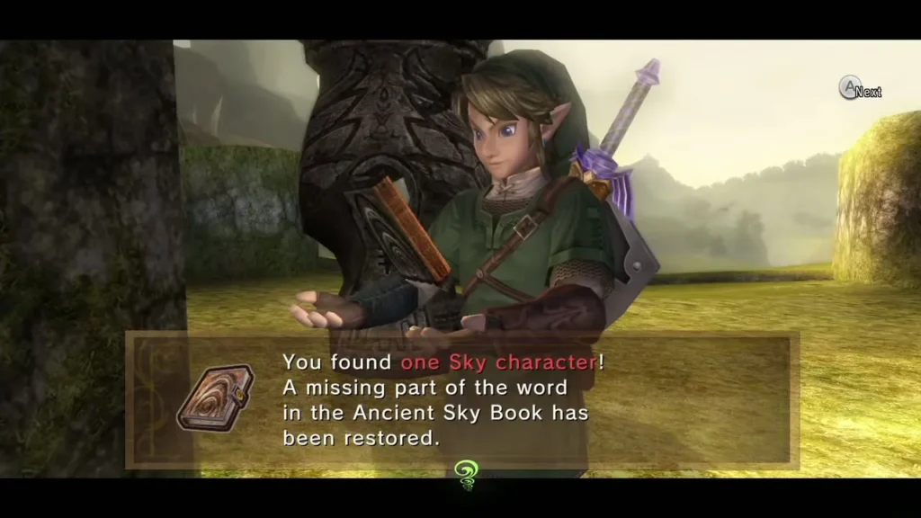 Link holding the Sky Book beside a statue after finding the second Sky character