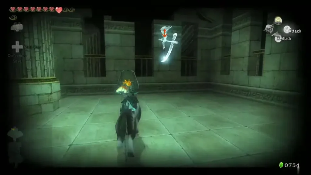 Wolf Link in the side corridor beside the door with a Poe floating overhead Wolf Link in the side corridor beside the door with a Poe floating overhead