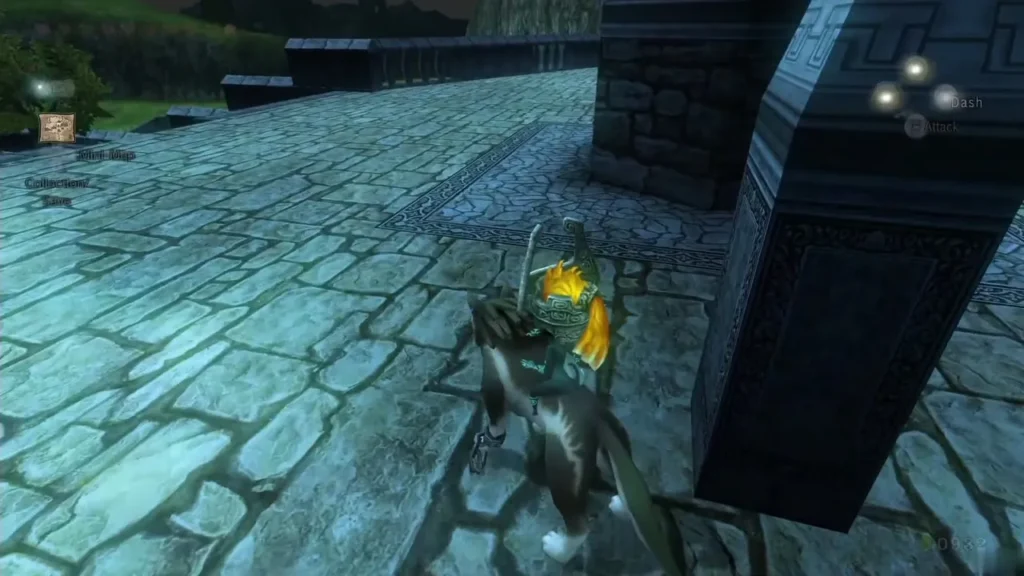 Wolf Link on the stone bridge outside Castle Town beside a stone pillar Wolf Link on the stone bridge outside Castle Town beside a stone pillar