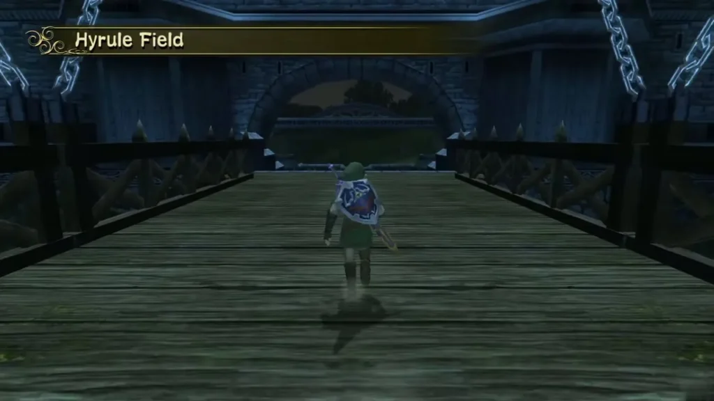 Link crossing the wooden drawbridge out of Castle Town into Hyrule Field at night Link crossing the wooden drawbridge out of Castle Town into Hyrule Field at night