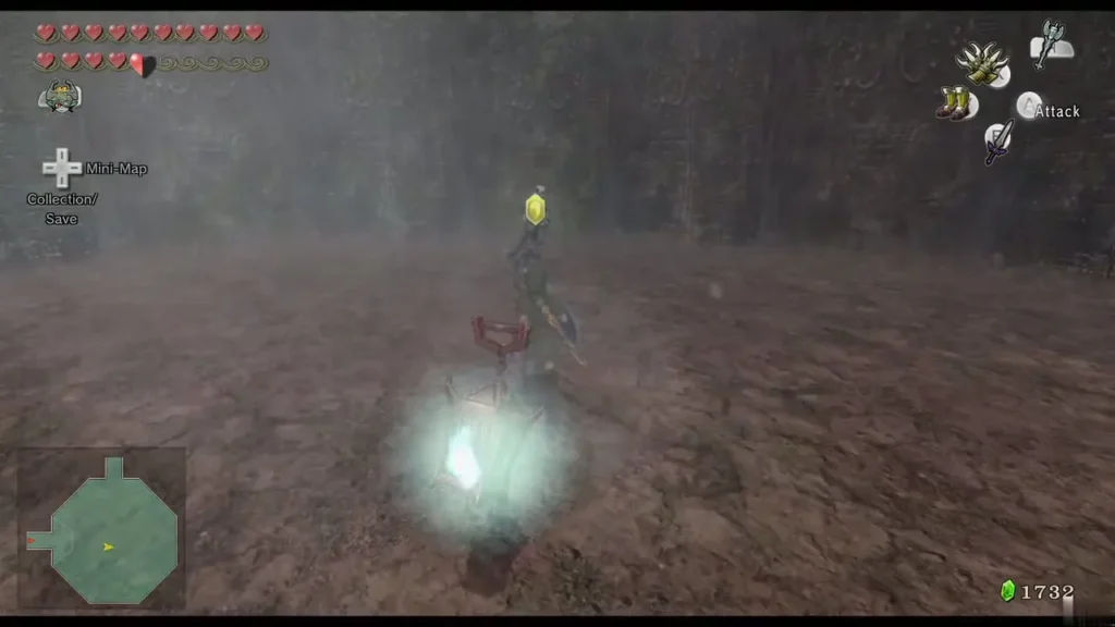 Link facing a glowing Poe in the foggy Cave of Ordeals room on floor 33 Link facing a glowing Poe in the foggy Cave of Ordeals room on floor 33