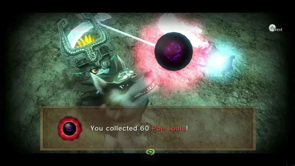 Wolf Link and Midna with the message that 60 Poe souls have been collected Wolf Link and Midna with the message that 60 Poe souls have been collected