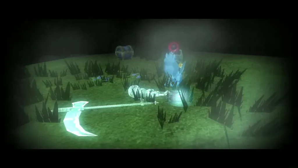 Glowing Poe on the outdoor platform beside a chest, with Link's sword in the air Glowing Poe on the outdoor platform beside a chest, with Link's sword in the air