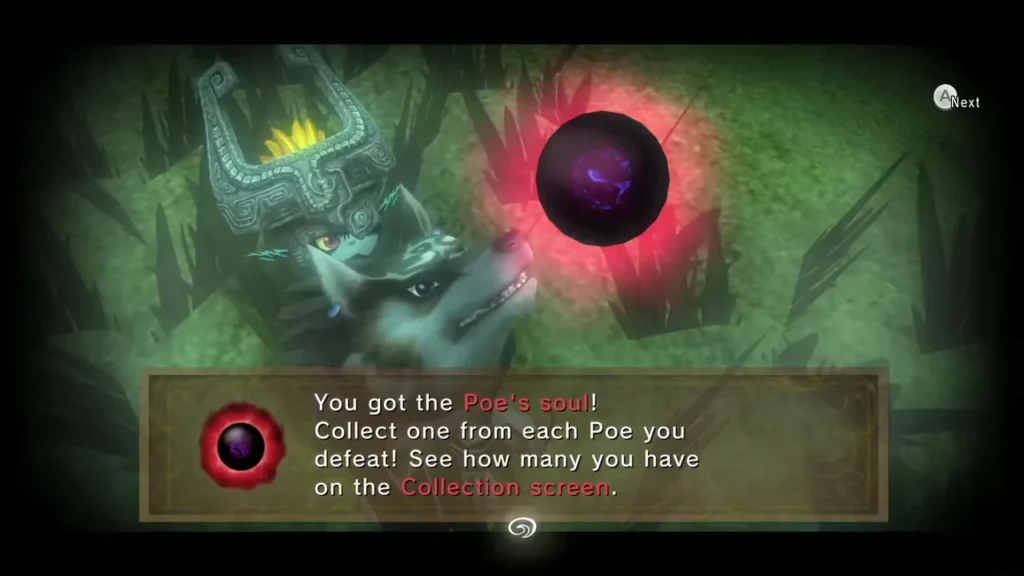 Wolf Link and Midna with the Poe's soul message on the outdoor platform Wolf Link and Midna with the Poe's soul message on the outdoor platform