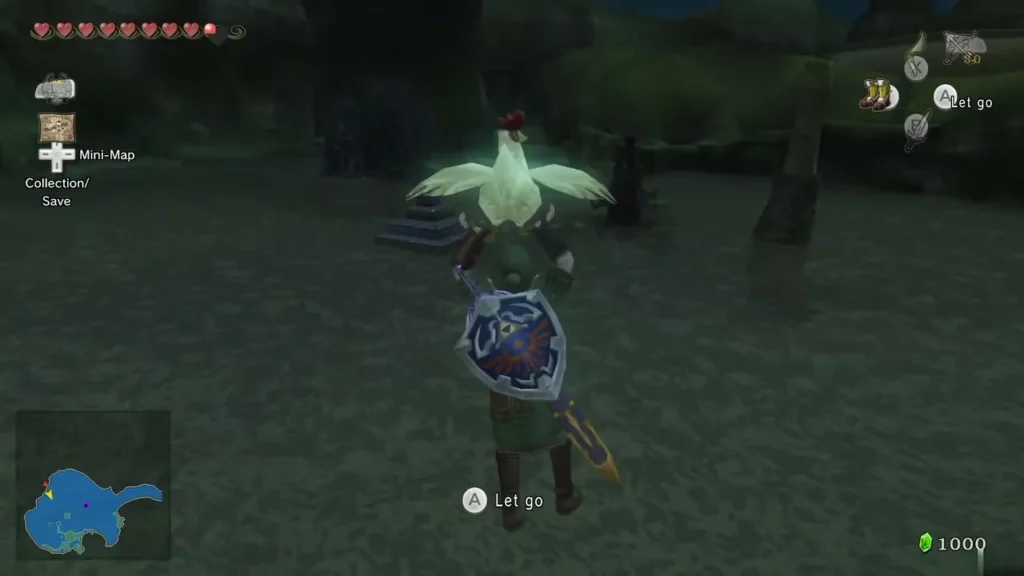 Link gliding beneath a Cucco toward the islands beside the cannon Link gliding beneath a Cucco toward the islands beside the cannon