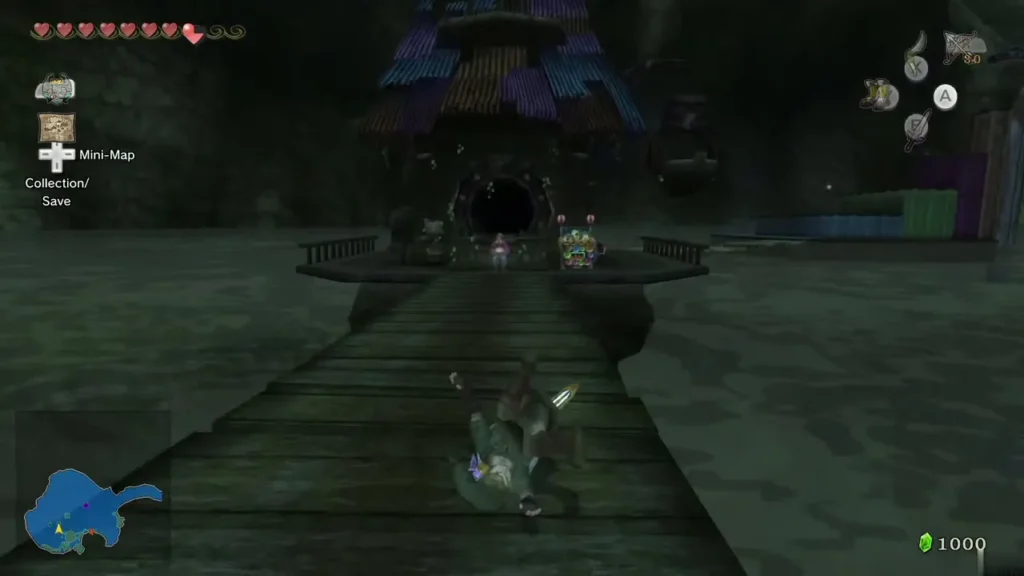 Link walking along the wooden pier toward Falbi's Flight-By-Fowl pavilion at night Link walking along the wooden pier toward Falbi's Flight-By-Fowl pavilion at night
