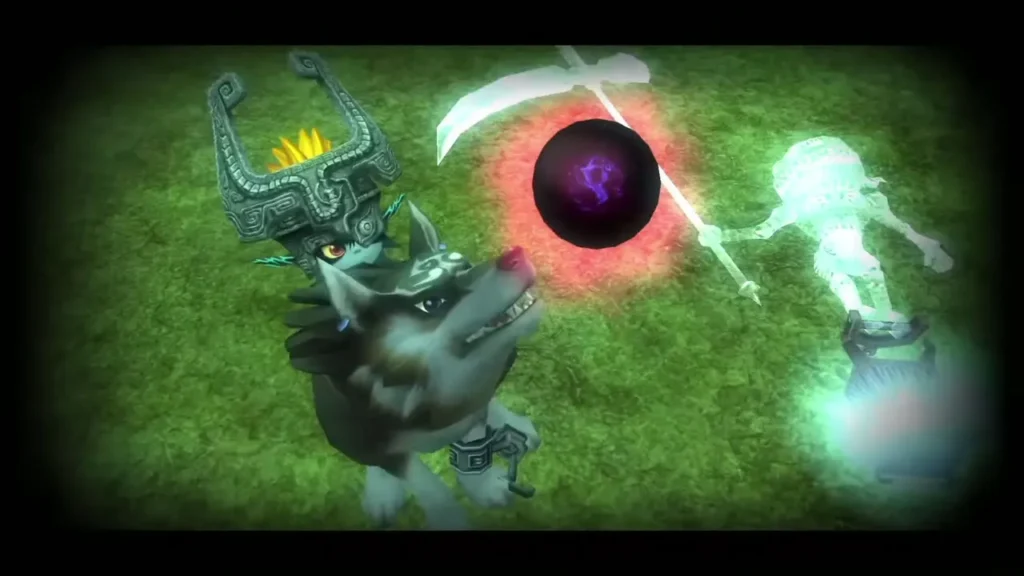 Wolf Link lunging at a Poe in an open field at night Wolf Link lunging at a Poe in an open field at night
