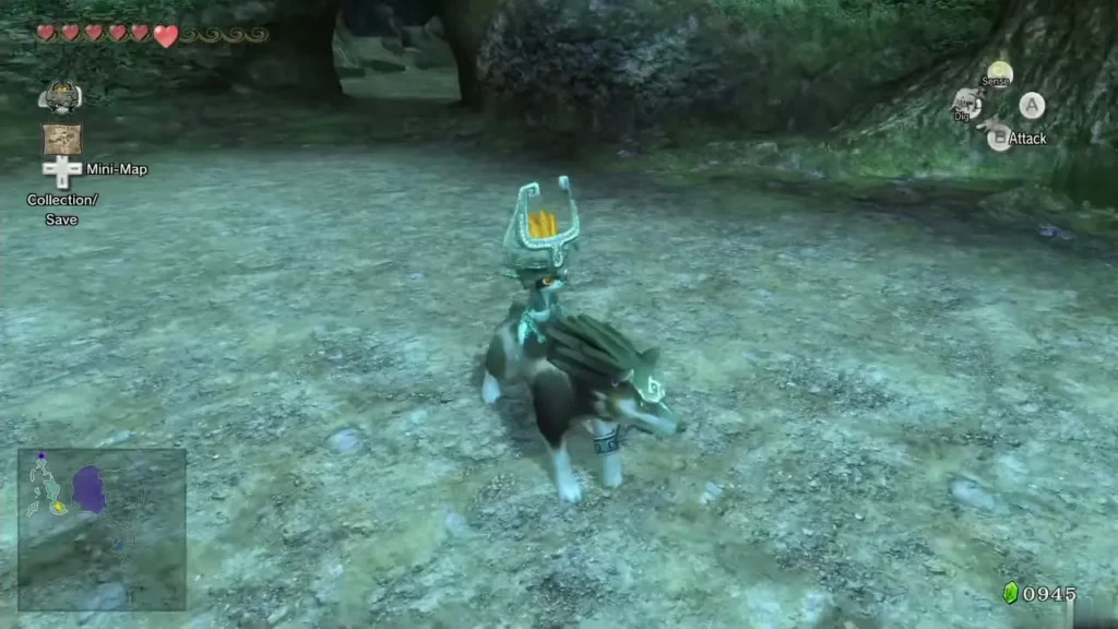 Wolf Link with Midna on his back standing in the open fog-filled clearing in Faron Woods Wolf Link with Midna on his back standing in the open fog-filled clearing in Faron Woods