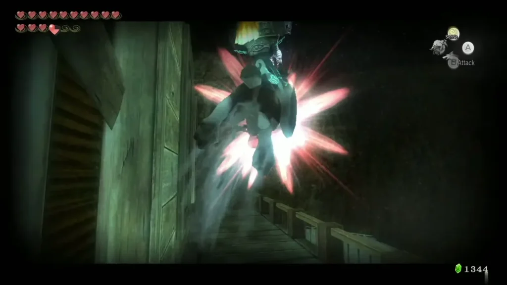 Wolf Link on the wooden Hidden Village balcony at night as the Poe is defeated Wolf Link on the wooden Hidden Village balcony at night as the Poe is defeated