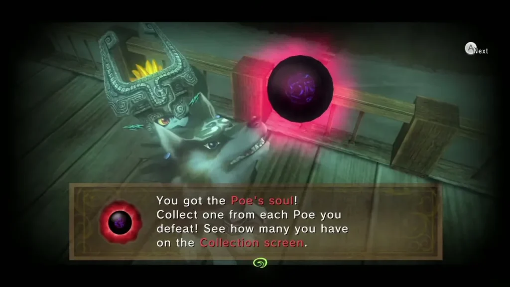 Wolf Link and Midna on the Hidden Village balcony with the Poe's soul message Wolf Link and Midna on the Hidden Village balcony with the Poe's soul message